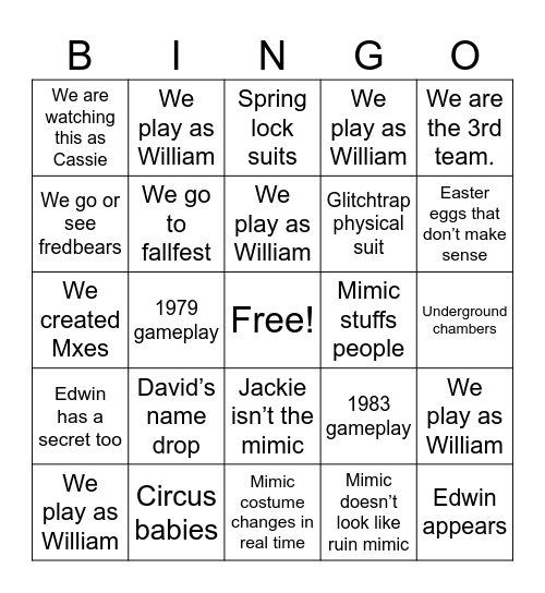 Secret of the Mimic predictions Bingo Card
