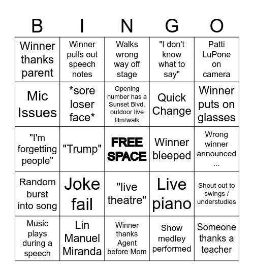 Tony Awards 2025 Bingo Card