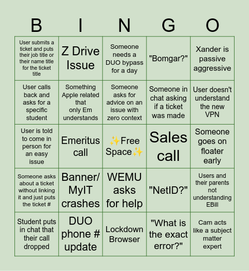 EMU IT Help Desk BINGO Card