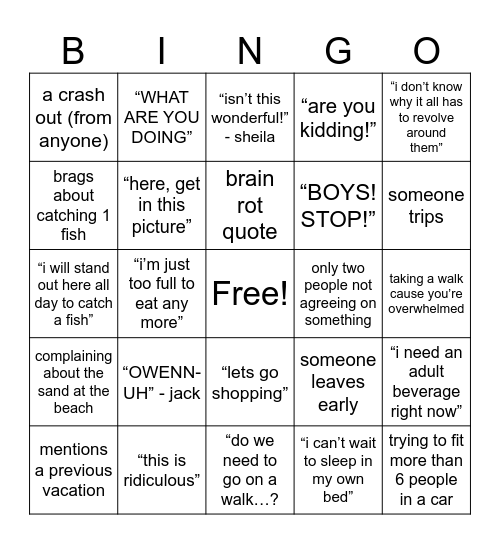 borenstein family vacay Bingo Card