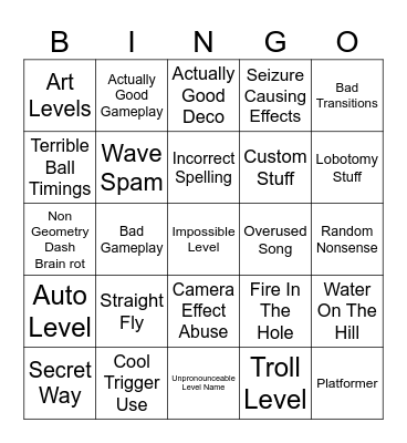 Geometry Dash Recent Tab Bingo Card
