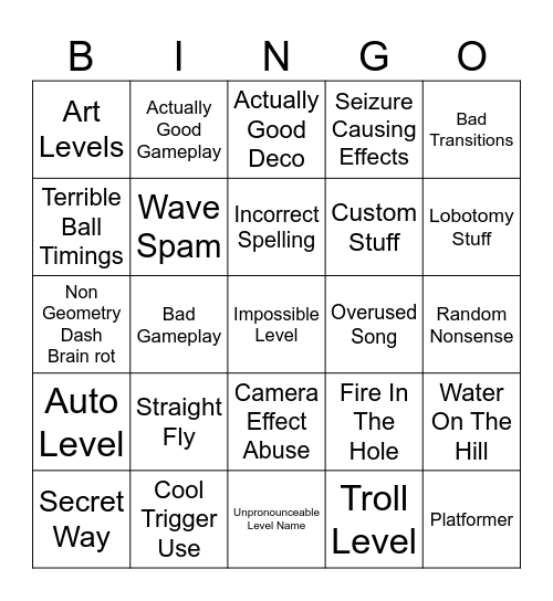 Geometry Dash Recent Tab Bingo Card