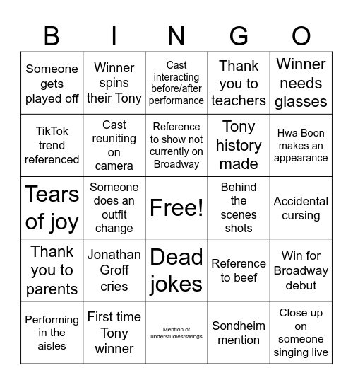 Theatre Nerds Tonys 2025 Bingo Card