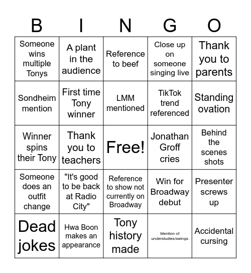 Theatre Nerds Tonys 2025 Bingo Card