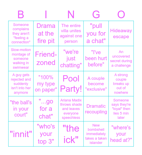 Love Island Season 3 Bingo Card