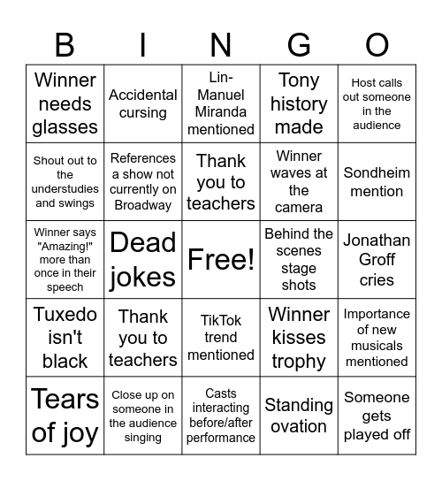 Tony Awards Bingo Card