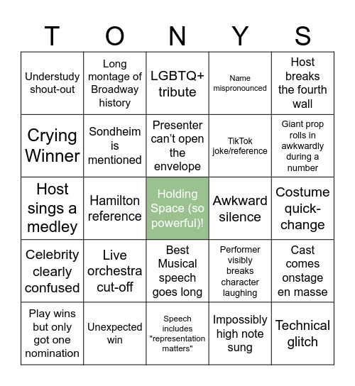 Tony Awards Bingo (coopxer chat edition) Bingo Card