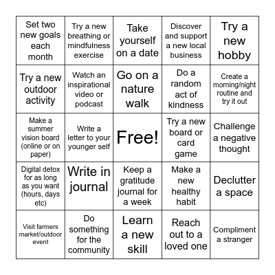 Summer Wellness Bingo Card