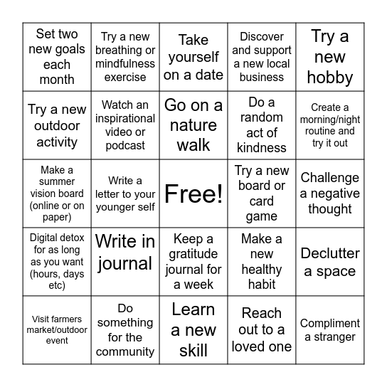 Summer Wellness Bingo Card