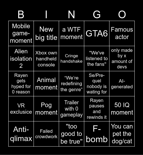 Xbox Game Studios Showcase Bingo Card