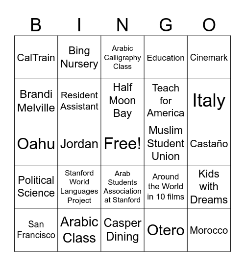 Hana's Graduation Bingo Card