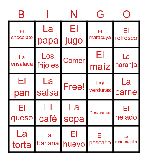 C4/D1 - Comidas y bebidas Bingo Card