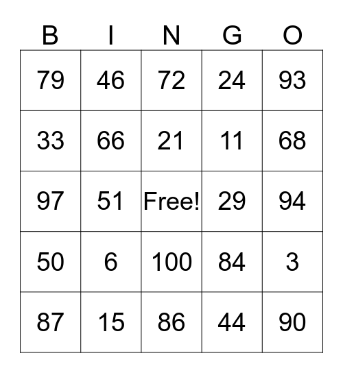 De getallen tot 100 Bingo Card