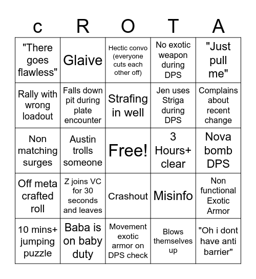 Raid Night Bingo Card