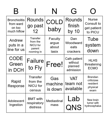 PICU LIFE Bingo Card
