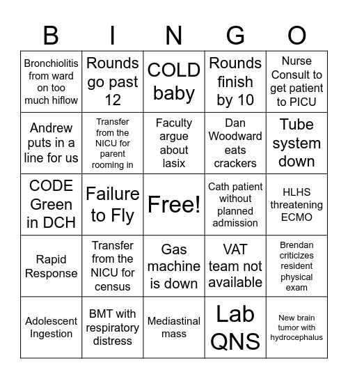 PICU LIFE Bingo Card