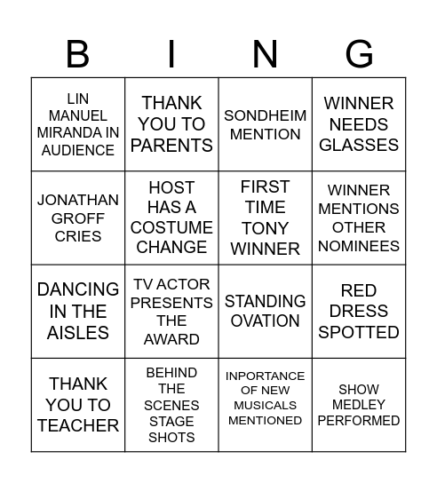 TONY AWARDS 2025 Bingo Card