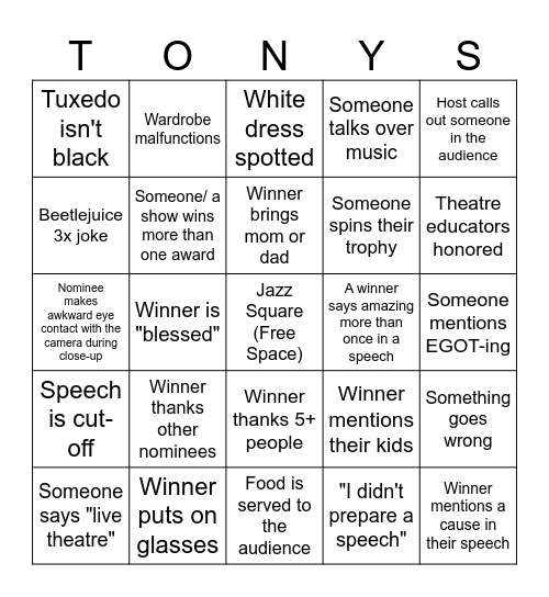 2025 Tony Awards Bingo Card