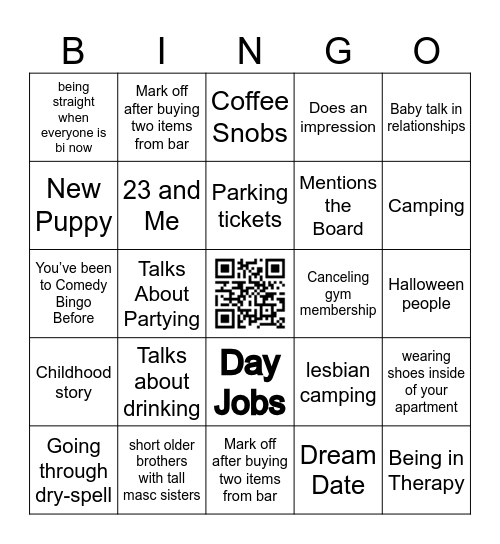 Comedy Bingo with Allie & Kelly Bingo Card