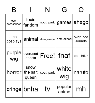 cosplay Bingo Card