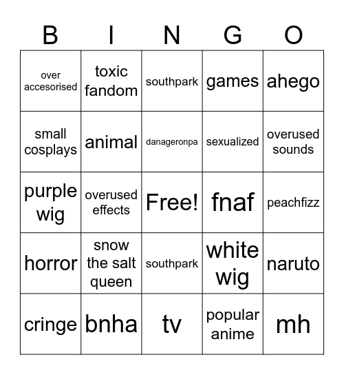 cosplay Bingo Card