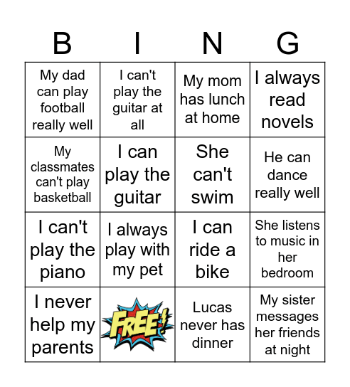 Abilities and Activities at home Bingo Card