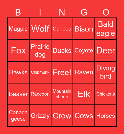 Canadian Wildlife Bingo Card