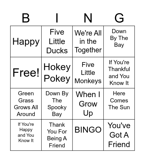 Songs We Sung Bingo Card