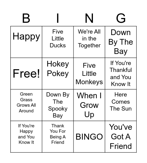 Songs We Sung Bingo Card