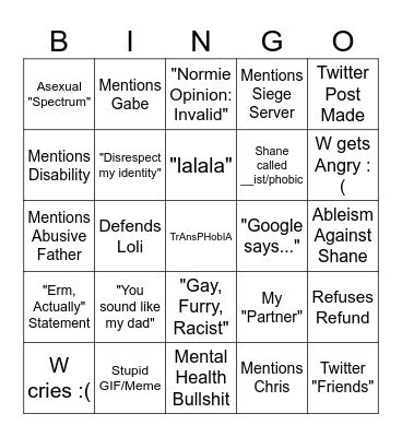 W and Shane Debate Bingo Card