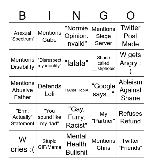 W and Shane Debate Bingo Card