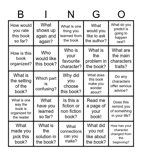 Reading Partner Bingo Card
