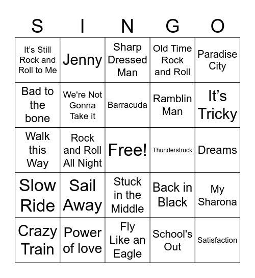Classic Rock Bingo Card