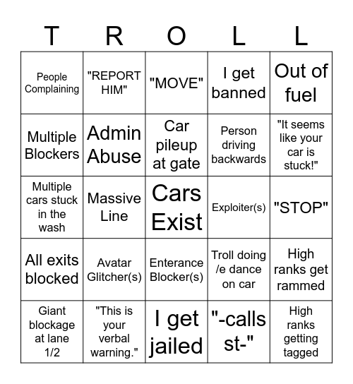 Washiez Trolling Bingo Card