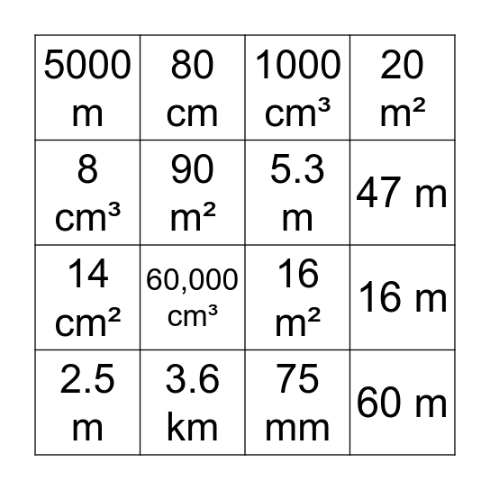 Measurement Bingo Card