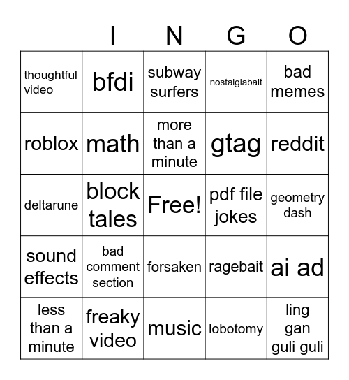 youtube shorts Bingo Card