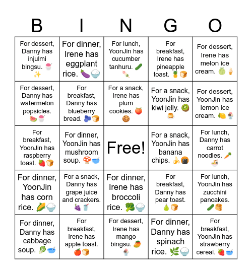 B5 U2 For a snack, YoonJin has kiwi jelly. 🥝🍮 Bingo Card