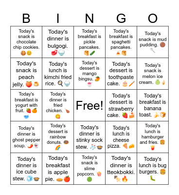 30 Yummy and Yucky Foods Bingo Card