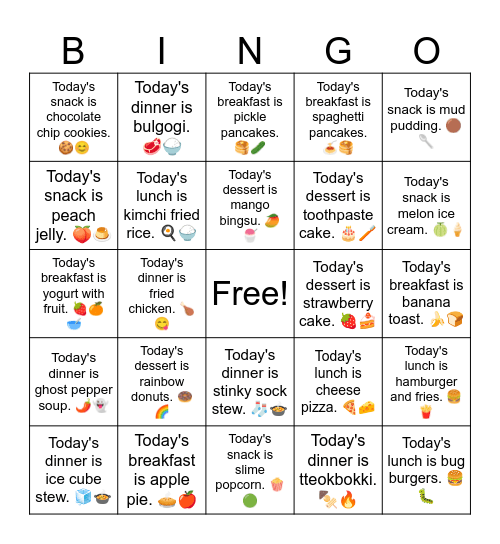 30 Yummy and Yucky Foods Bingo Card
