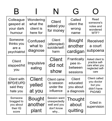 Mental Health Clinician Bingo Card