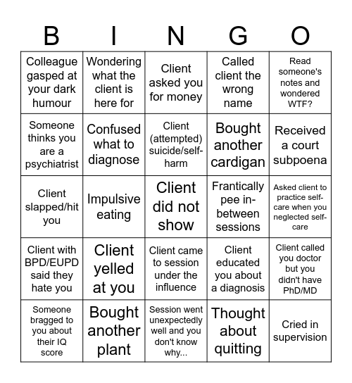 Mental Health Clinician Bingo Card