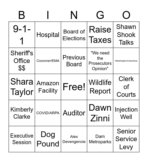 Trumbull County Commissioners Bingo Card