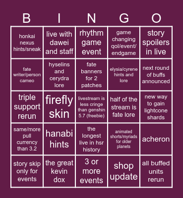 3.4 livestream Bingo Card