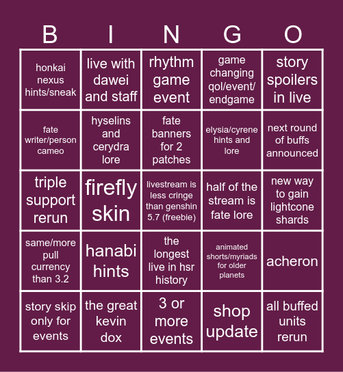 3.4 livestream Bingo Card