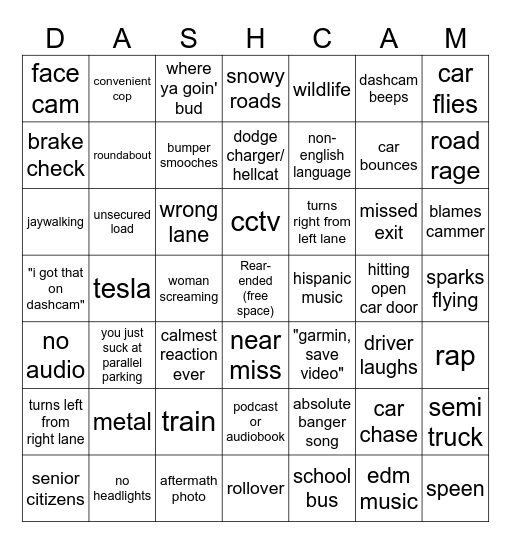 BunBrat Dashcam React Bingo Card
