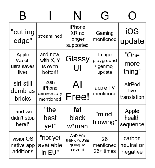 Apple event Bingo Card