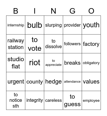 Vocabulary revision Bingo Card