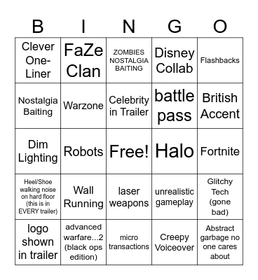 Call of Duty Trailer Bingo Card