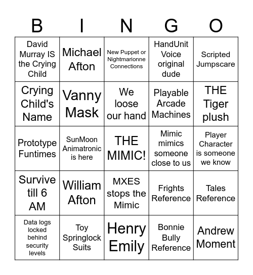 Secret of the Mimic Bingo Card Bingo Card