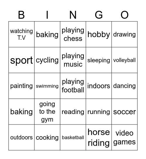 Hobbies Bingo Card